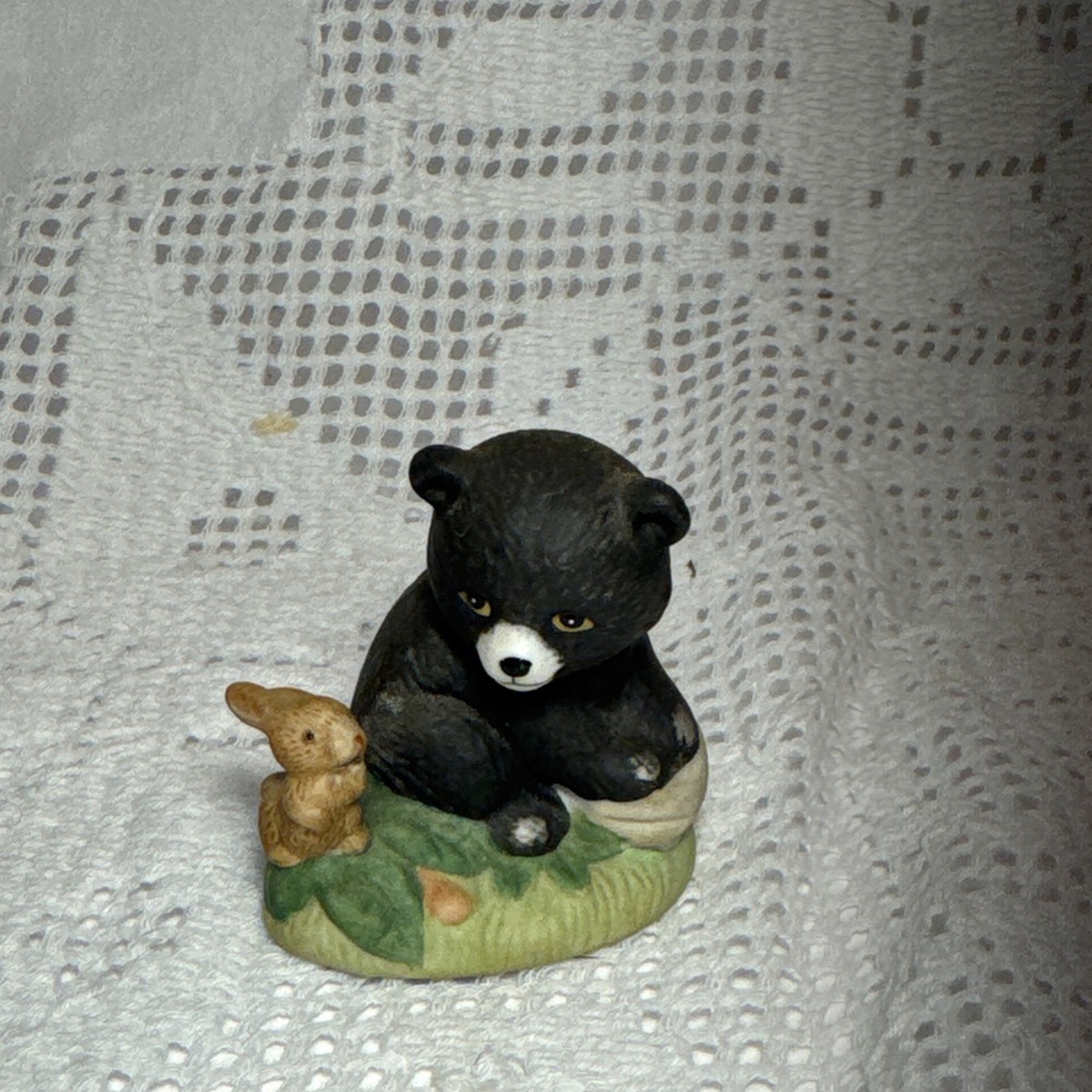 Homco Mini Porcelain Black Bear Cub Baby Bunny Rabbit Figurine Statue 1418